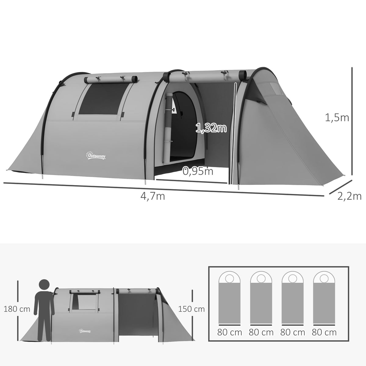 Outsunny Campingzelt für 3-4 Personen, mit 1 Schlafzimmer und 1 Wohnzimmer, wasserdicht, leicht zu transportieren mit Tasche inklusive