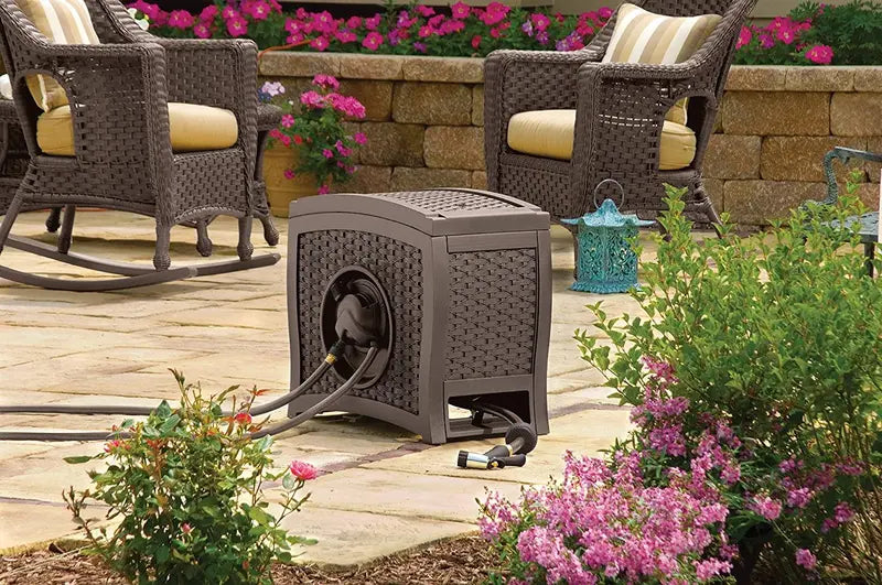 Wicker-Style Portable Hose Reel – Hands-Free, Water-Powered Retraction, Lightweight Design