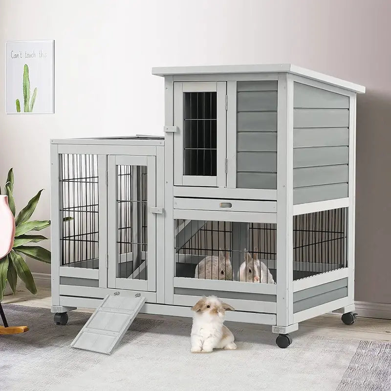 YODOLLA Large Indoor Rabbit Hutch with Wheels, Fir Wood Bunny Cage for Small Animals, Easy Clean Trays & Nesting Box