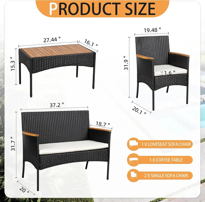 Shintenchi 4-Piece Wicker Patio Set – Outdoor Conversation Furniture with Wooden Table & White Cushions