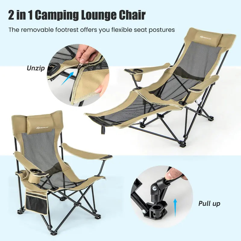 Reclining Camping Lounge Chair with Adjustable Backrest & Integrated Footrest for Outdoor Comfort
