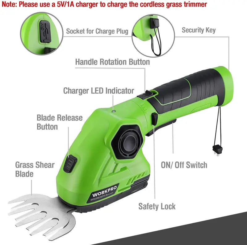 WORKPRO 7.2V Dual-Function Cordless Trimmer – Handheld Hedge Shear and Grass Trimmer in One