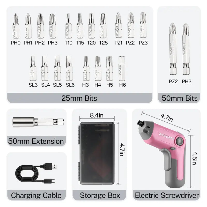 WORKPRO 3.6V Offset-Shaft Cordless Screwdriver – 22-Piece Bit Set in Pink Ribbon Packaging