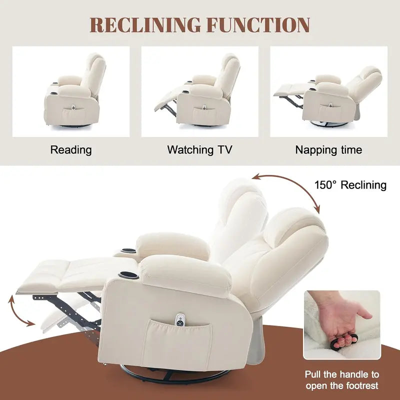 Large Swivel Rocking Recliner Sofa – Single-Seat Heated & Massaging Lounge Chair