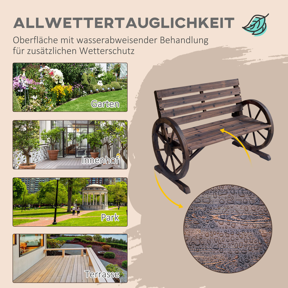Outsunny Gartenbank 2-Sitzer Sitzbank Holzbank Wagenrad mit Armlehne Landhausstil Tannenholz Braun 105,5 x 59 x 75 cm