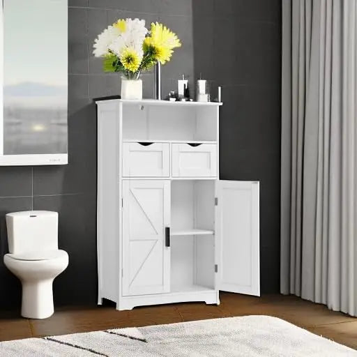 Wall-Mounted Floor Storage Cabinet with Barn Doors & Adjustable Drawers – Bathroom, Living Room, or Kitchen Organizer