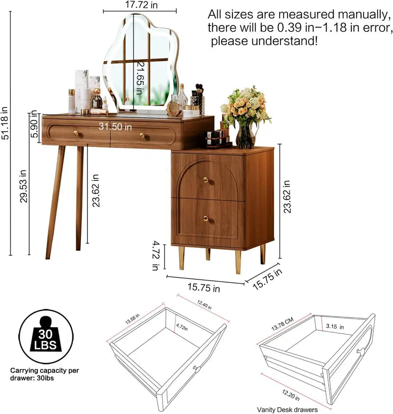 Walnut-Finish Corner Vanity Desk Featuring Frameless Lighted Mirror and Space-Saving Design