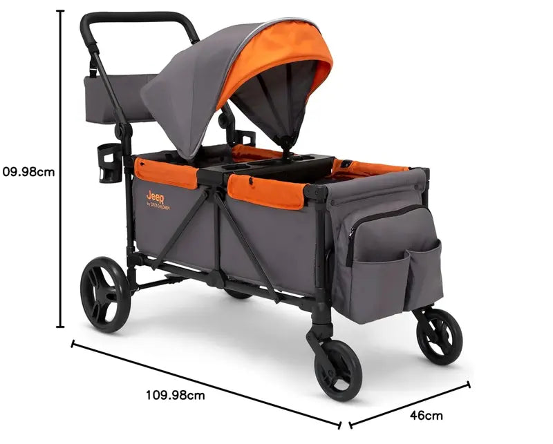 Jeep Sport All-Terrain Stroller Wagon – Delta Children Model with Canopy, Parent Organizer, Snack Tray, Cup Holders & Height-Adjustable Handlebar, Grey/Olive Green