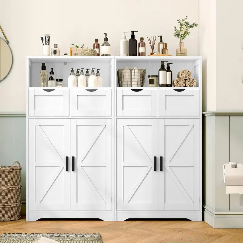 Wall-Mounted Floor Storage Cabinet with Barn Doors & Adjustable Drawers – Bathroom, Living Room, or Kitchen Organizer