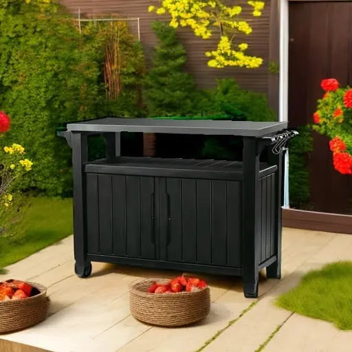 Rolling Outdoor Prep Table Cart – Dark Brown Stainless Steel-Top Utility Cart for Grilling, Bar Service, and Food Storage