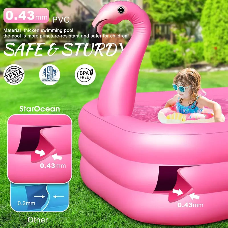 Solar-Powered Flamingo Inflatable Pool with LED Lights – Durable 105″ x 65″ x 25″ Outdoor Kiddie & Adult Pool