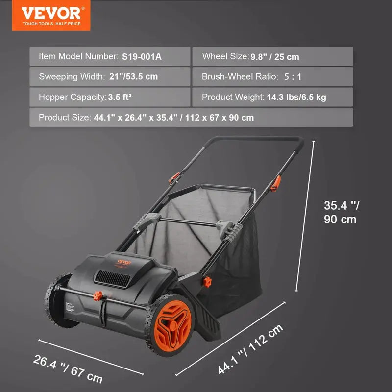 VEVOR 21-Inch Push-Type Lawn Sweeper for Leaves, Grass Clippings, and Debris Collection