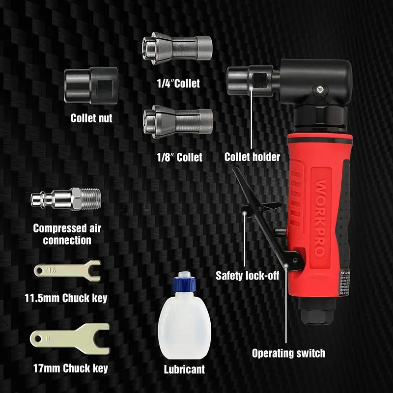 WORKPRO Pneumatic Air Angle Die Grinder – 1/4-Inch Right-Angle Grinding Tool Kit