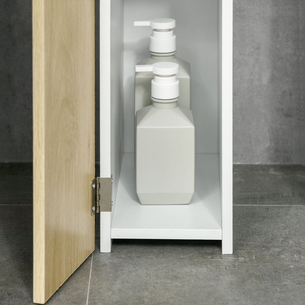 Kleankin Colonna Bagno mit 2 Regalen und 2 Schränken, Hochschränk für Badezimmer 15,2x29,8x118 cm, Weiß und Holzfarben