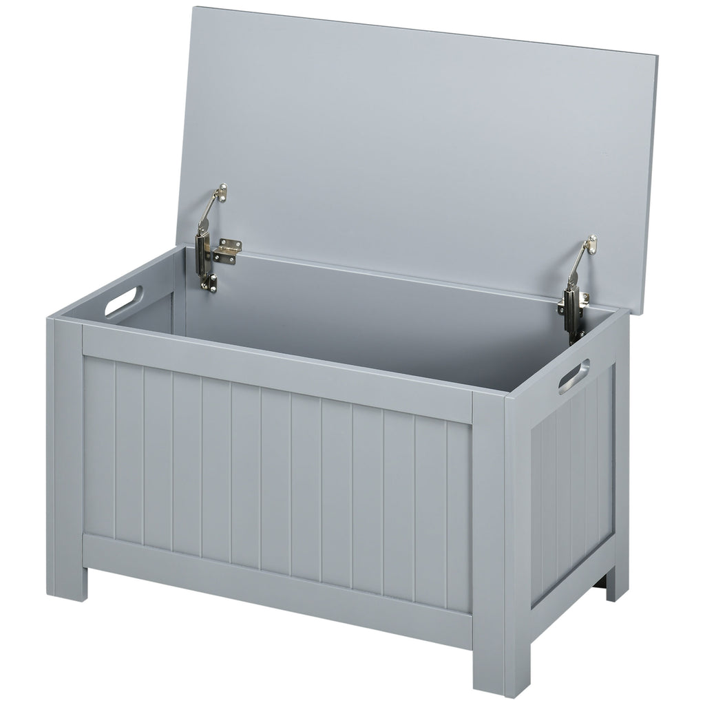 HOMCOM Sitzbank mit Stauraum im Landhausstil, inkl. Sicherheitsscharniere, Truhe, 81 cm x 40 cm x 46 cm, Hellgrau