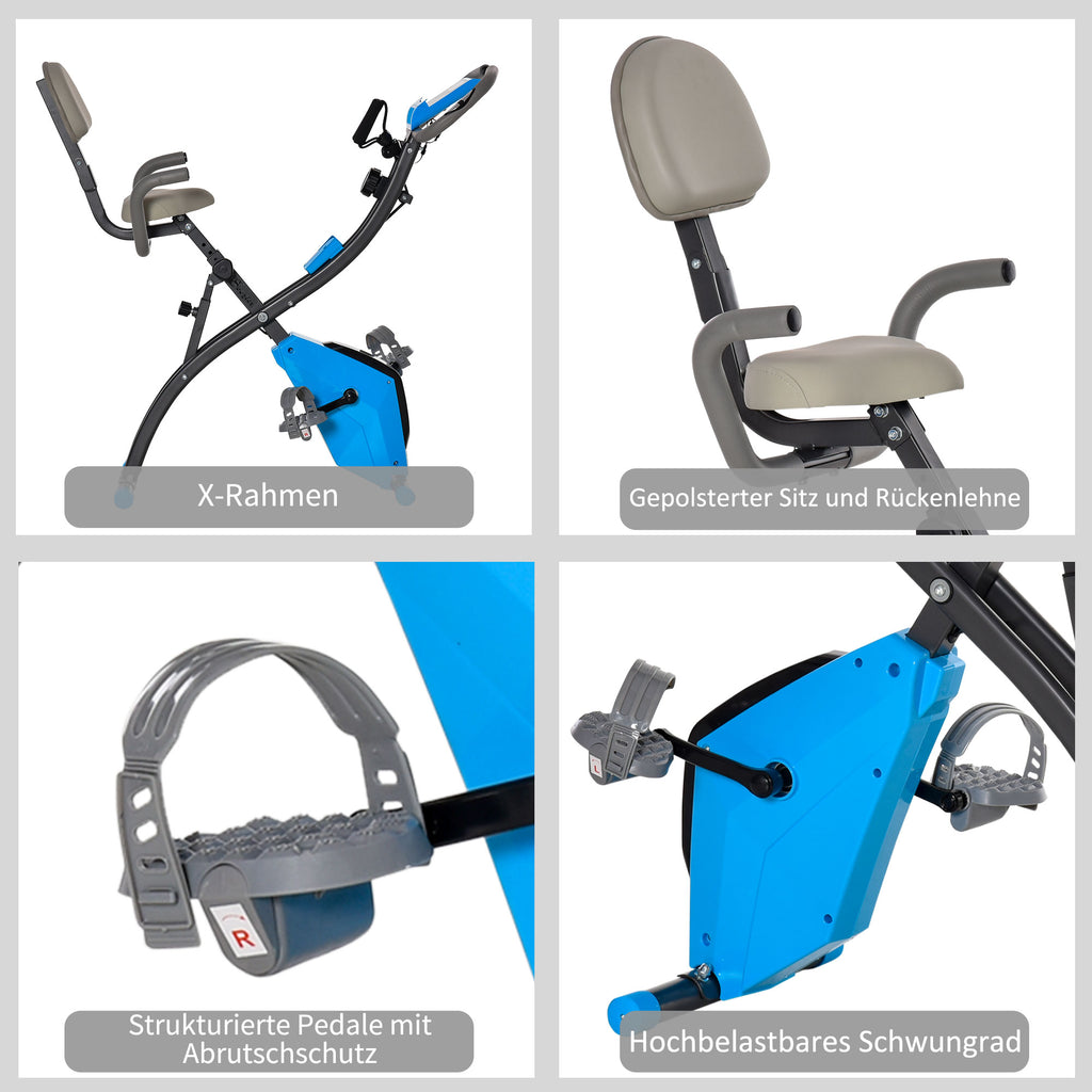 HOMCOM Heimtrainer X-Bike 2-in-1 Fahrradtrainer mit LCD-Display,Pulsmesser, klappbarer Hometrainer Trimmrad mit 8 stufig Magnetwiderstand, 1 Paar Spannseil, Stahl Blau 105x48x118 cm