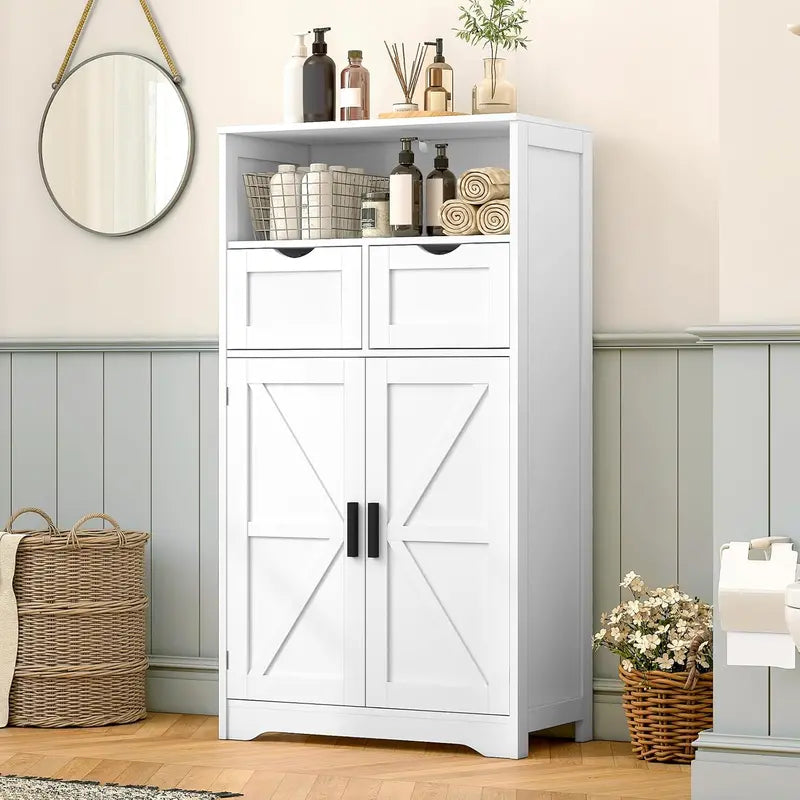Wall-Mounted Floor Storage Cabinet with Barn Doors & Adjustable Drawers – Bathroom, Living Room, or Kitchen Organizer
