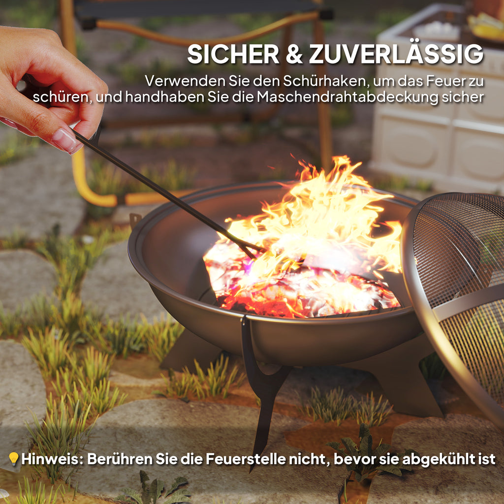 Outsunny Feuerschale Ø54x39cm aus Metall Rund Feuerstelle mit Funkenschutz Schürhaken Feuerkorb für Garten, Balkon Schwarz