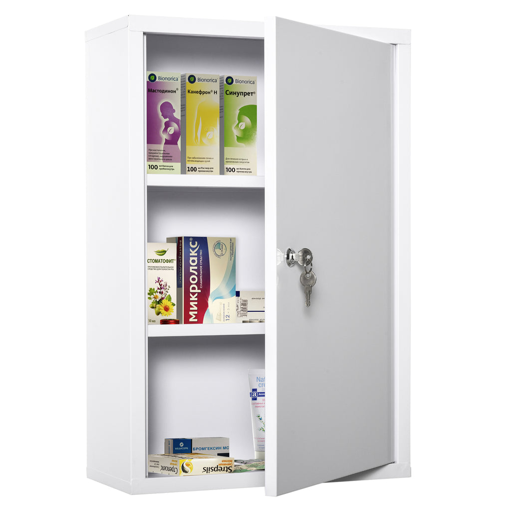 kleankin Medizinschrank Arzneischrank zur Medikamenten-Aufbewahrung, Abschließbar Medikamentenschrank Metall mit 3 Fächern Erste-Hilfe-Schrank, 40 x 18 x 60 cm, Weiß