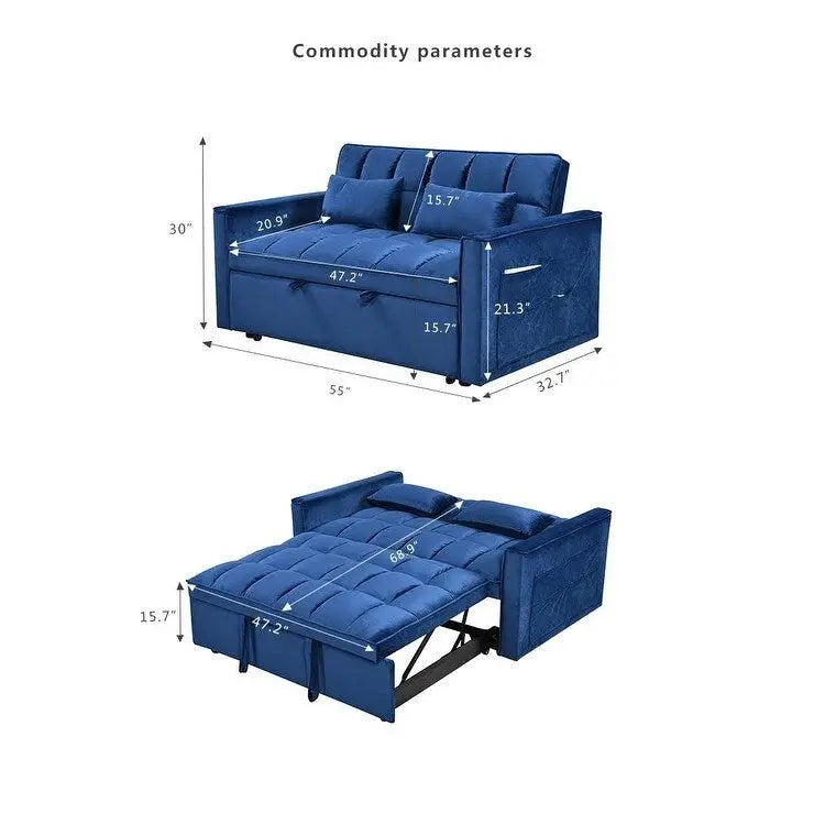 Velvet Futon Loveseat Sofa – Reclining Small-Scale Pullout Bed with Pillows & Pockets