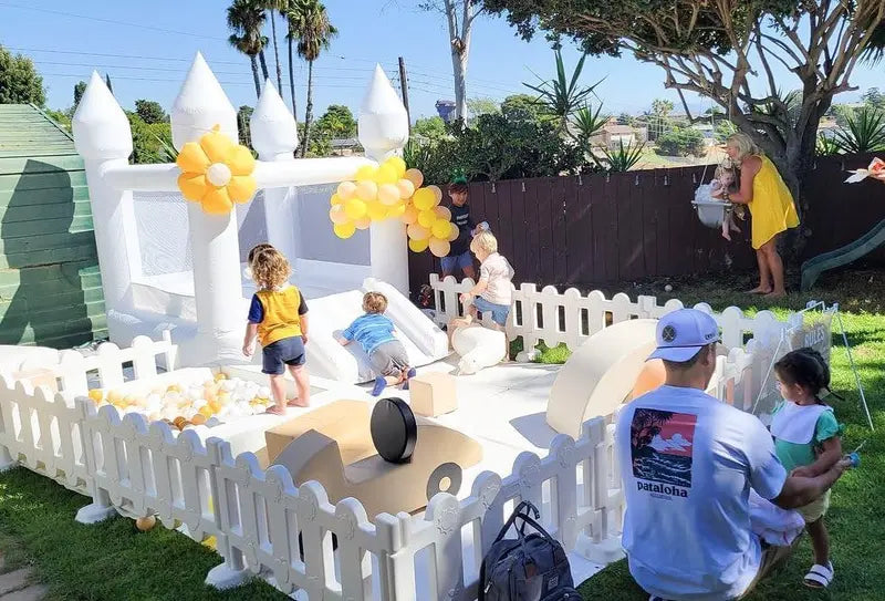 White Indoor/Outdoor Toddler Bounce House – Oxford Fabric Castle with Slide, Balloons & Blower – 103 x 71 x 90 Inches – Ideal for Birthdays & Holiday Parties
