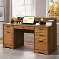 Vintage Brown Executive Desk – 58″ Wood Study Desk with 6 Drawers & File Cabinet