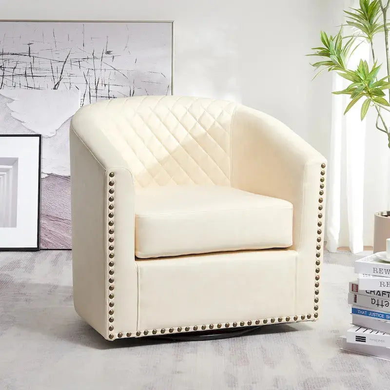 KINWELL Swivel Barrel Chair – 29″ Wide Tufted PU Leather Accent Seating with 360° Rotation