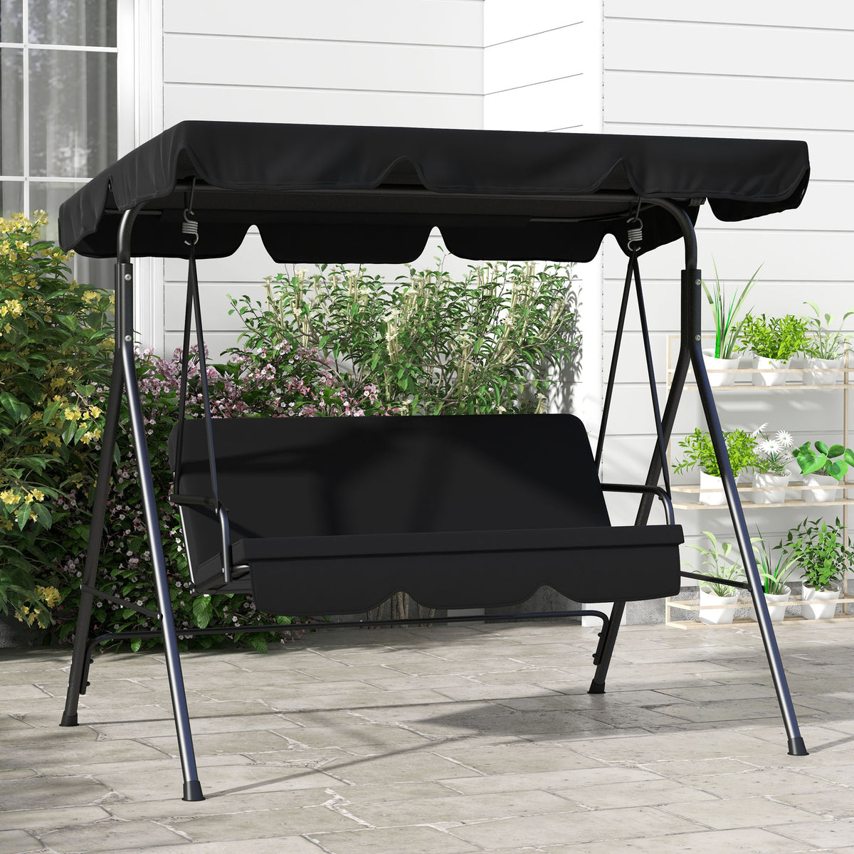 Outsunny 3-Sitzer Hollywoodschaukel Gartenliege Schaukelbank, wetterbeständig, 172 cm x 110 cm x 153 cm, Schwarz