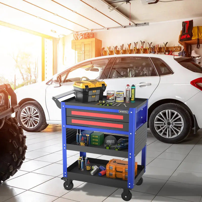 WORKPRO 28-Inch Rolling Tool Cart – Dual-Drawer Industrial Storage with Locking Wheels
