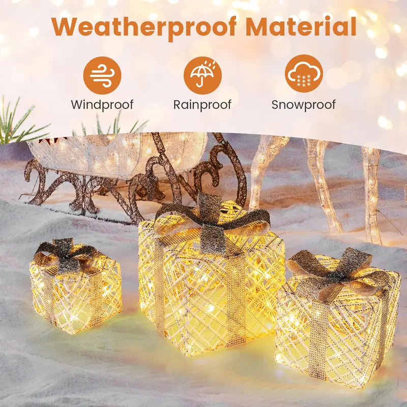 Set of Three Lighted Gift Box Ornaments — 90 LEDs Total, Festive Bow Accents for Indoor or Outdoor Use