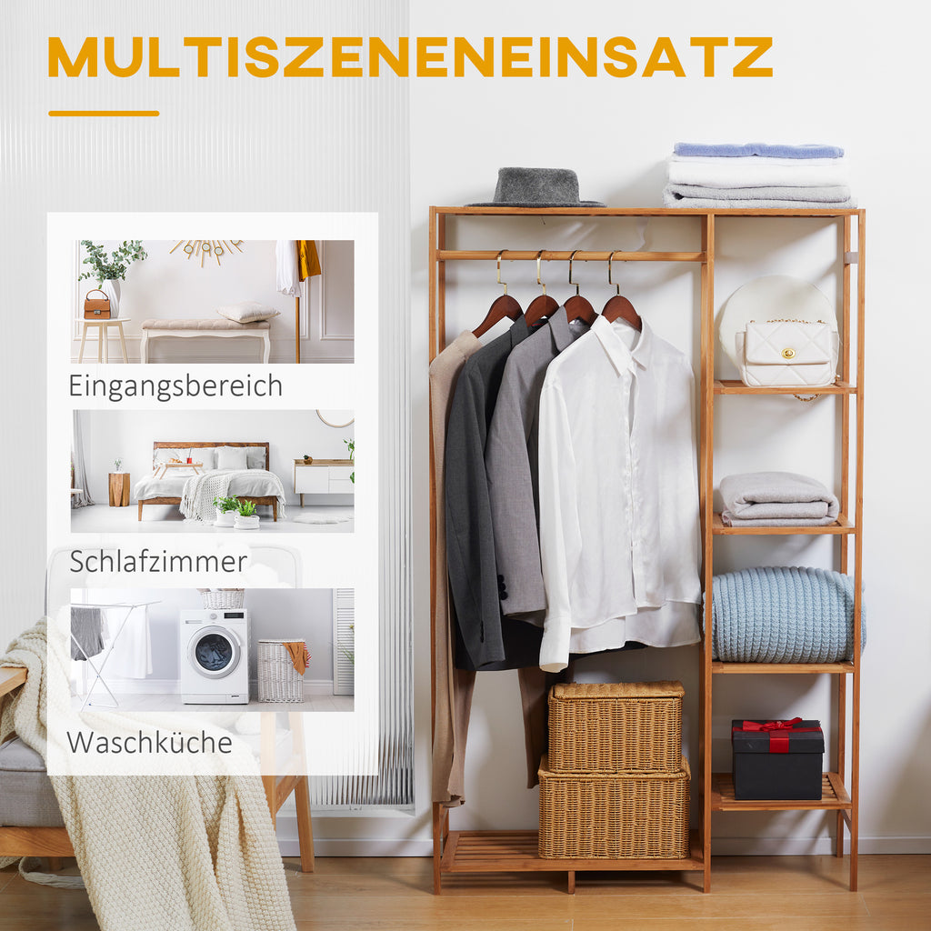HOMCOM Kleiderständer Garderobenständer mit Kleiderstange, Schuhablag, Regal, Garderobe aus Bambus Naturholz