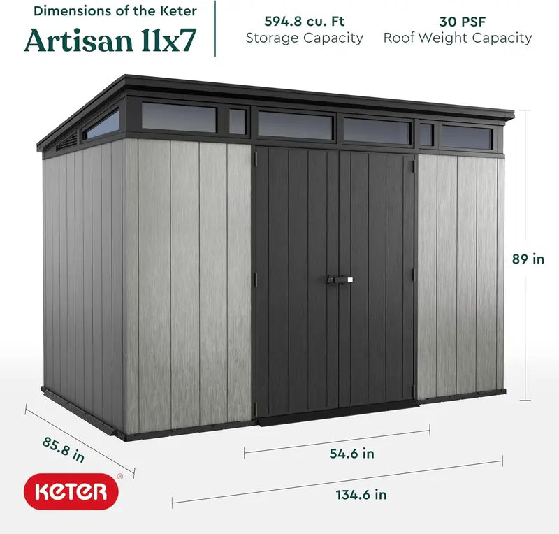 Keter Artisan 11′ x 7′ Modern Resin Storage Shed – Grey & Black, Ideal for Patio Furniture & Garden Gear