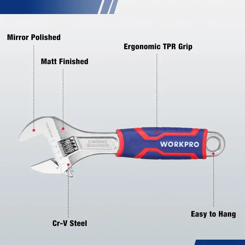 WORKPRO Triple-Size Adjustable Wrench Set — Chrome-Plated Cr-V with Anti-Slip Grip and Dual Metric/SAE Scales