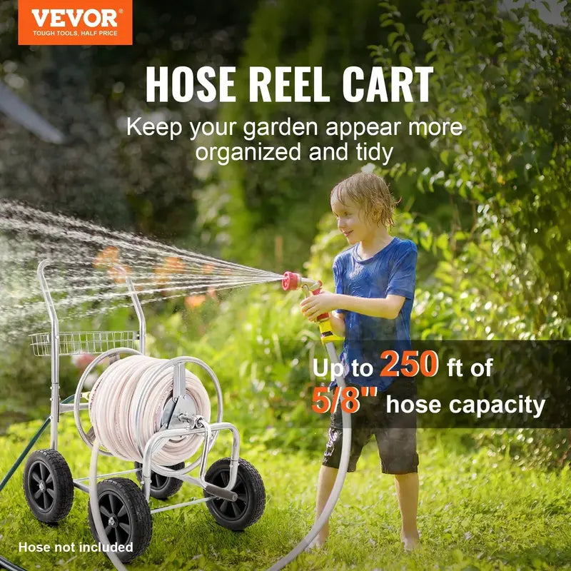 VEVOR Heavy-Duty Mobile Hose Reel Cart – Holds 250 ft of 5/8″ Hose, 4-Wheel Design with Storage Basket