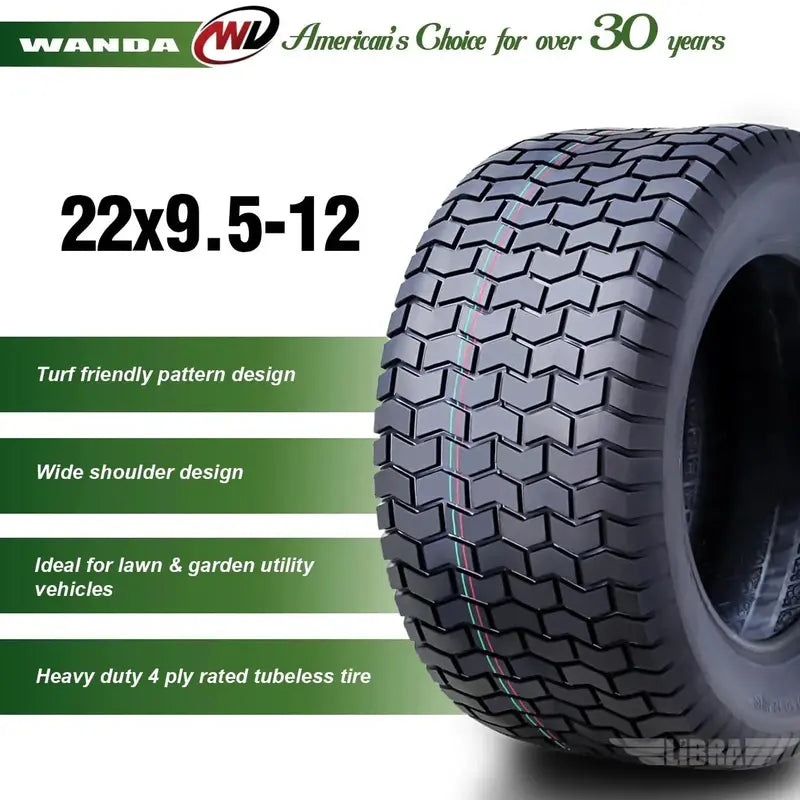 WANDA 22×9.5-12 Turf Tire – 4-Ply Lawn Tractor Replacement, 22×9.5×12, 13135 Load Index