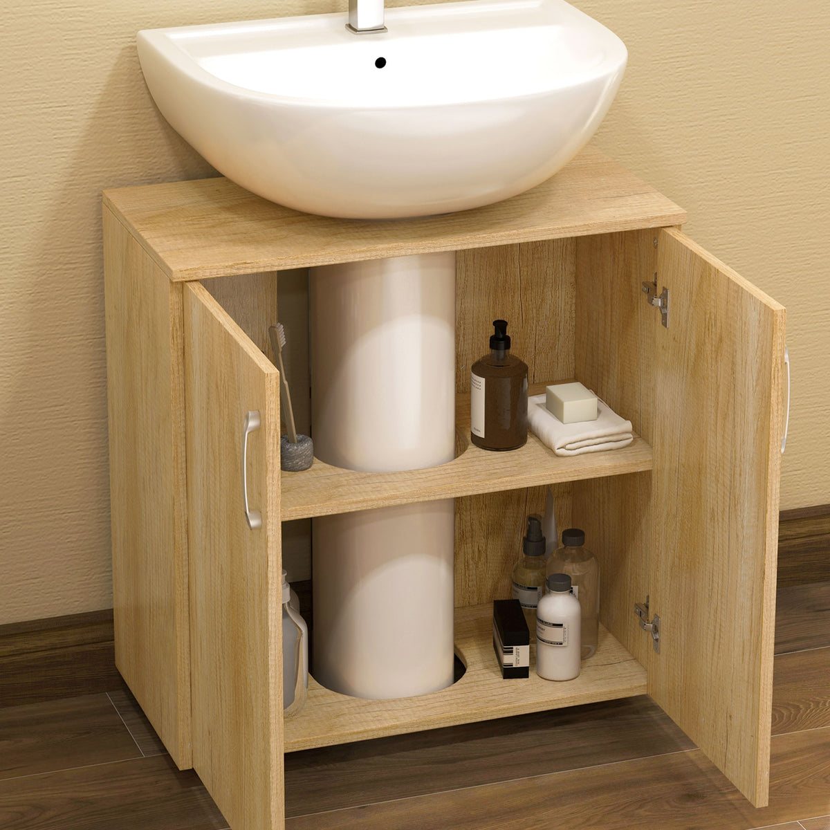 HOMCOM Badezimmer Unterschrank Hängend mit 2 Türen und 2 Regalen aus Holz, Naturfarbe