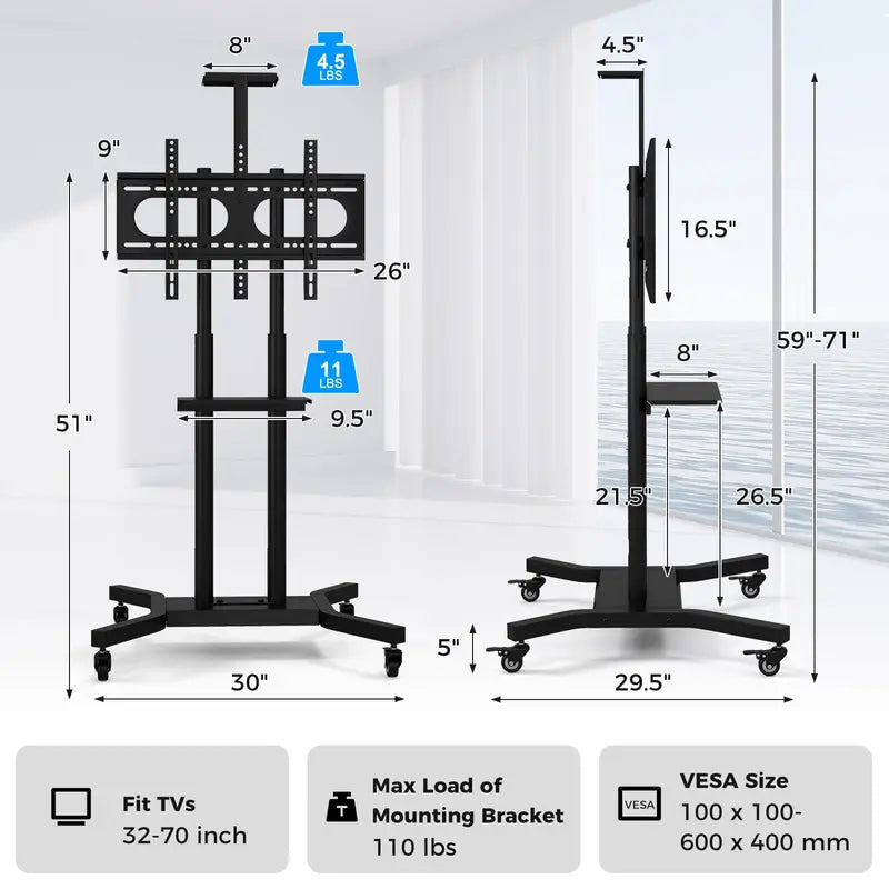 Rolling TV Cart – Lightweight Mobile Stand for 32″–70″ Flat or Curved Screens (Up to 110 lbs), VESA 600×400 mm Support
