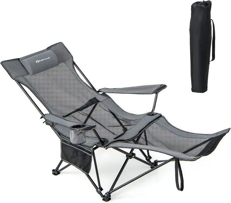 Reclining Camping Lounge Chair with Adjustable Backrest & Integrated Footrest for Outdoor Comfort