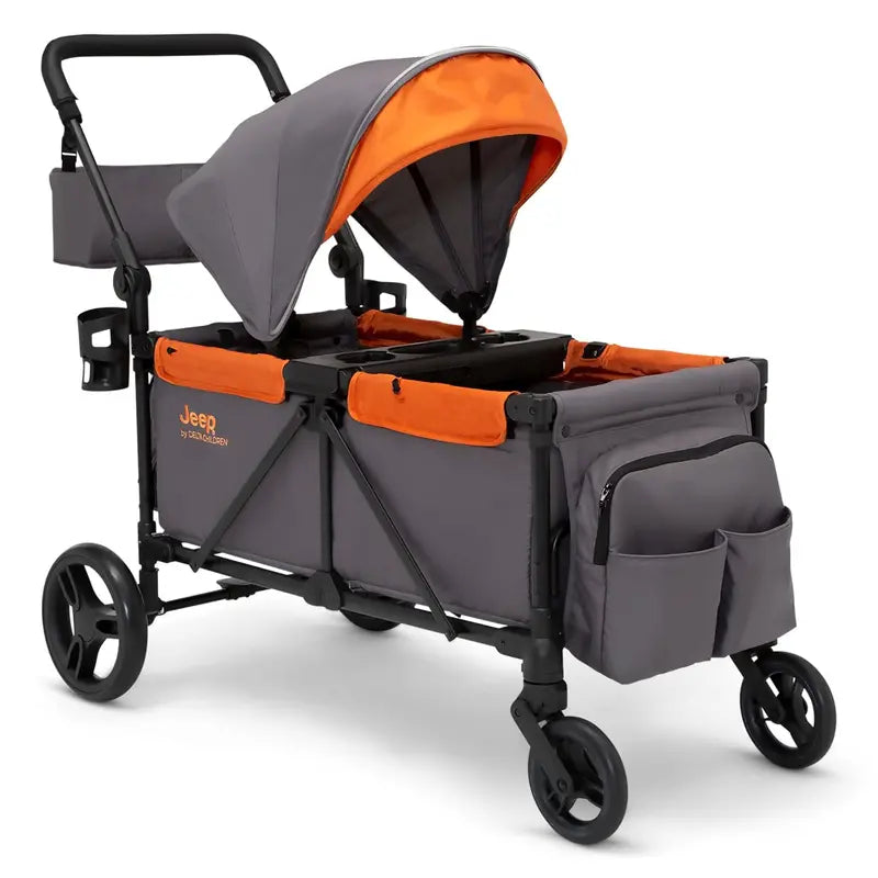 Jeep Sport All-Terrain Stroller Wagon – Delta Children Model with Canopy, Parent Organizer, Snack Tray, Cup Holders & Height-Adjustable Handlebar, Grey/Olive Green