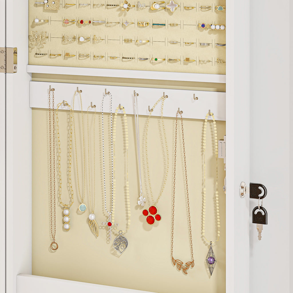 HOMCOM Schmuckschrank mit Spiegel und Wanddesign, aus Holz, 36,5x9,5x67 cm, Weiß