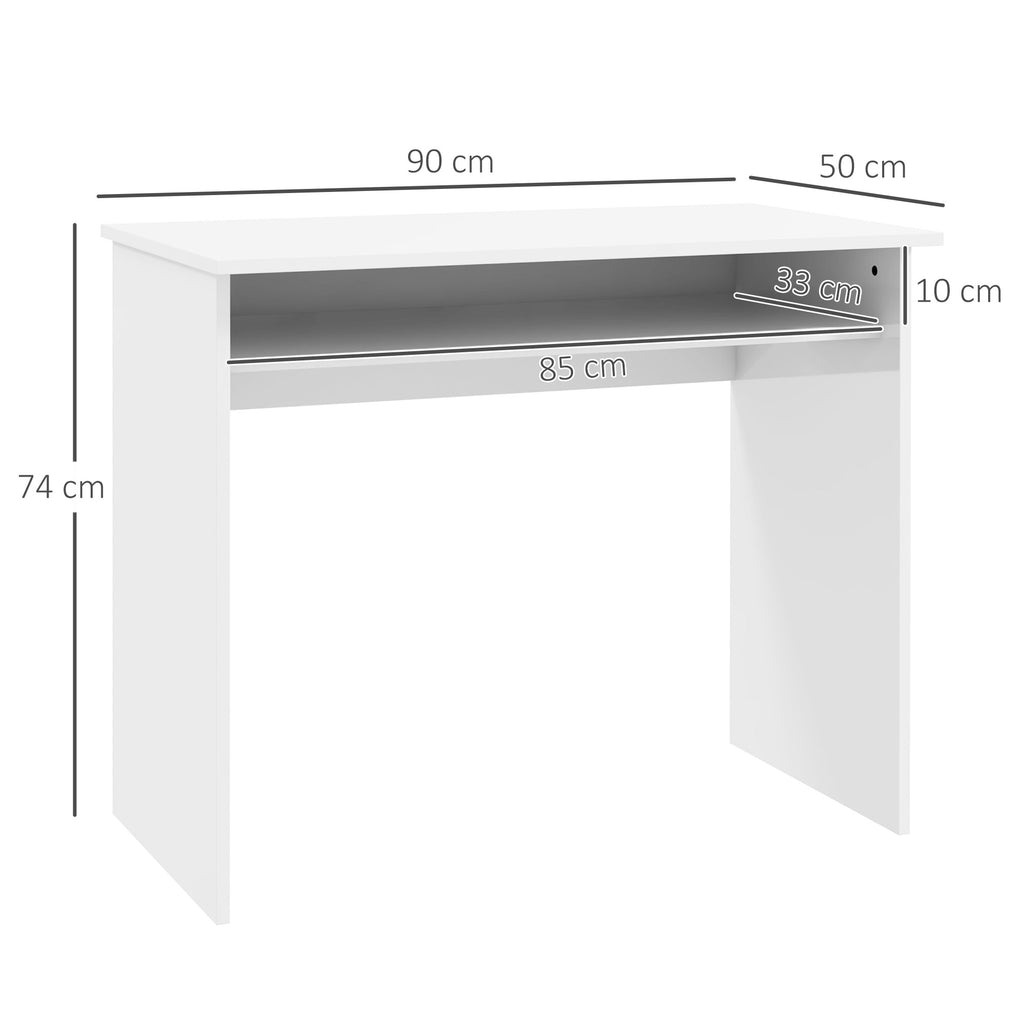 HOMCOM Schlichter und kompakter Computertisch mit 1 Regal, Spanplatten, Maße 90l x 50B x 74H cm, Lackweiß