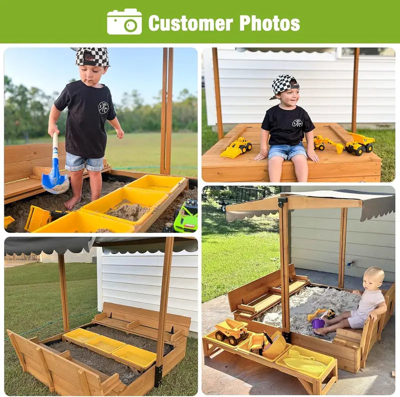 Kids' Wooden Outdoor Sandbox with Retractable Canopy – Includes Foldable Benches & Sand Liner