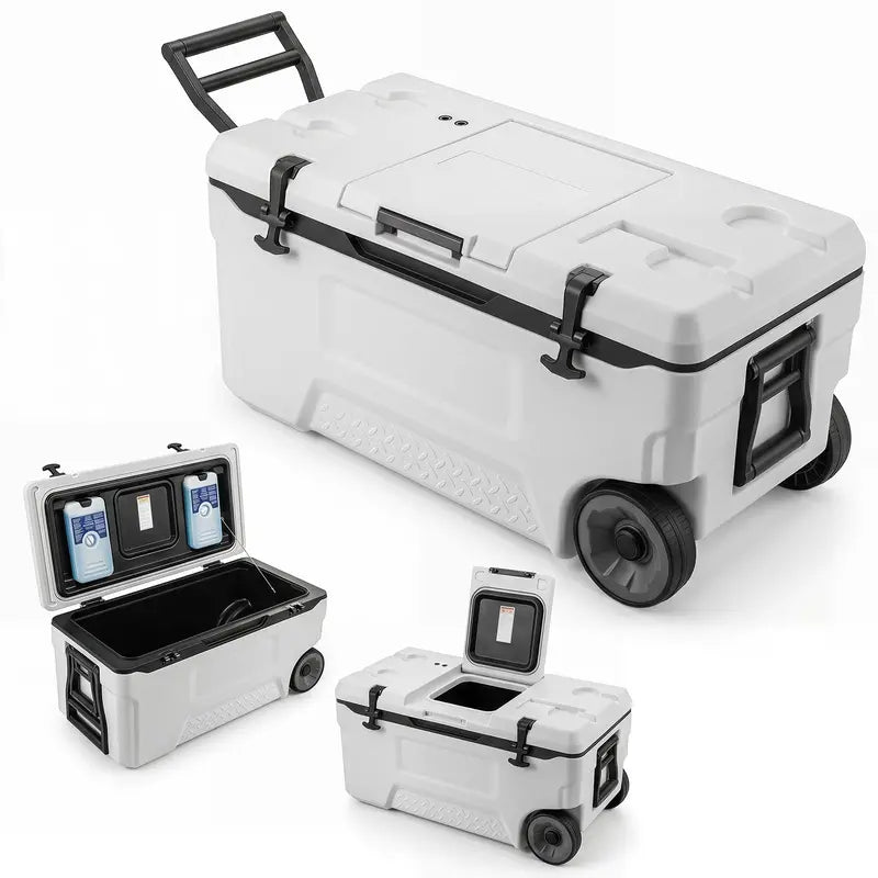 Rolling Hard-Sided Cooler – 53/74-Quart Insulated Portable Ice Chest with All-Terrain Wheels