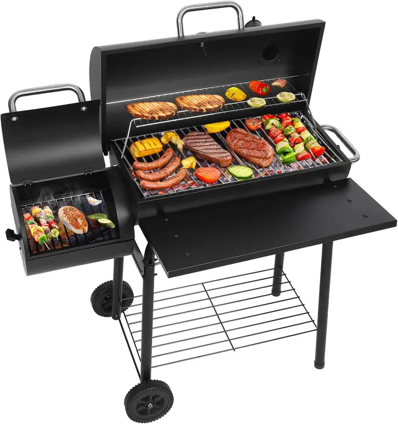 Realcook Barrel-Style Charcoal Grill with Integrated Offset Smoker