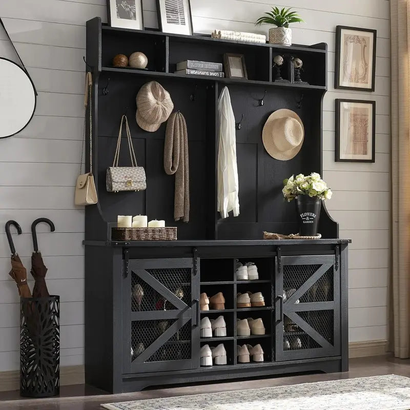JXQTLINGMU Farmhouse Entryway Bench – 59-Inch Shoe Storage Foyer Tree with Coat Hooks & Cabinet