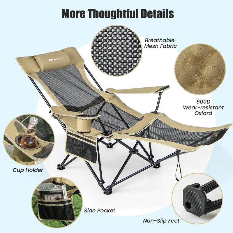 Reclining Camping Lounge Chair with Adjustable Backrest & Integrated Footrest for Outdoor Comfort