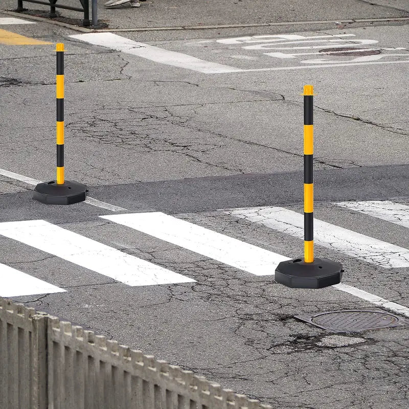 Six-Pack Traffic Delineator Posts with Octagonal Fillable Bases and 5-Foot Linked Chains (Black/Yellow)