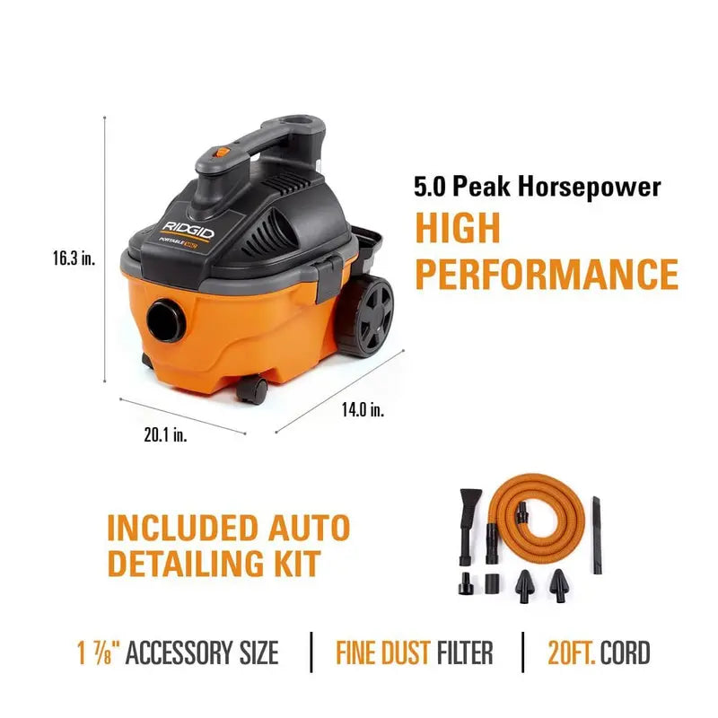 RIDGID 4 Gallon 5.0 Peak HP Portable Wet/Dry Shop Vacuum with Fine Dust Filter, Hose, Accessories and Premium Car Cleaning Kit WD4070C