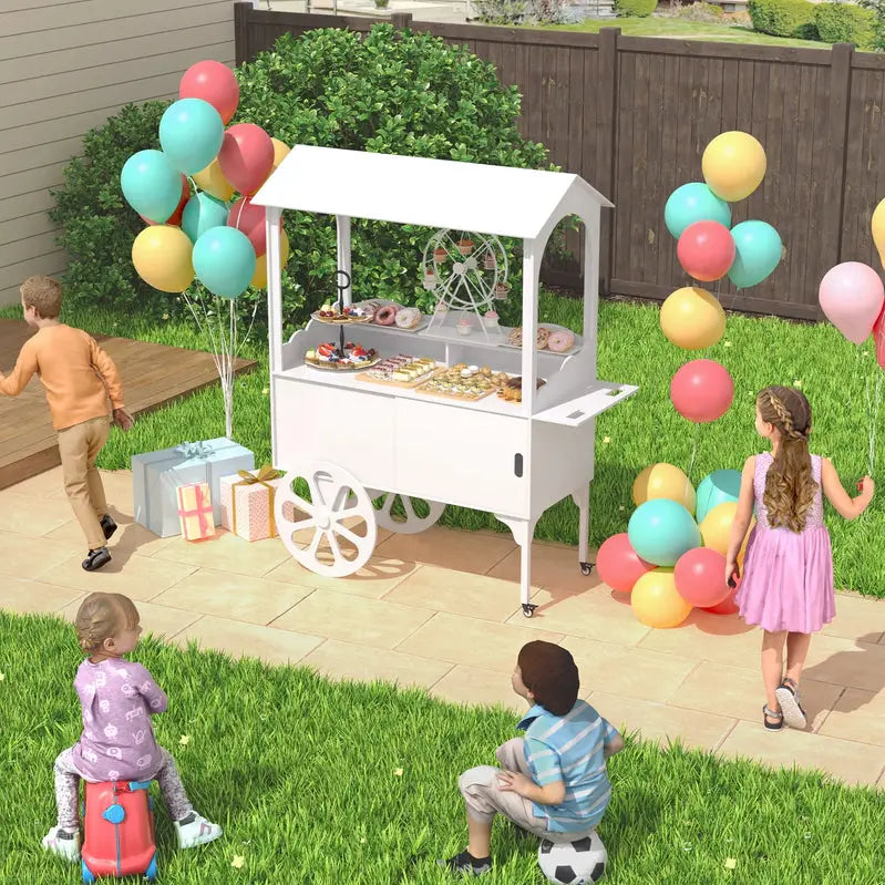 Wooden Dessert Cart with Wheels – Mobile Candy or Party Serving Station with Cabinet Storage