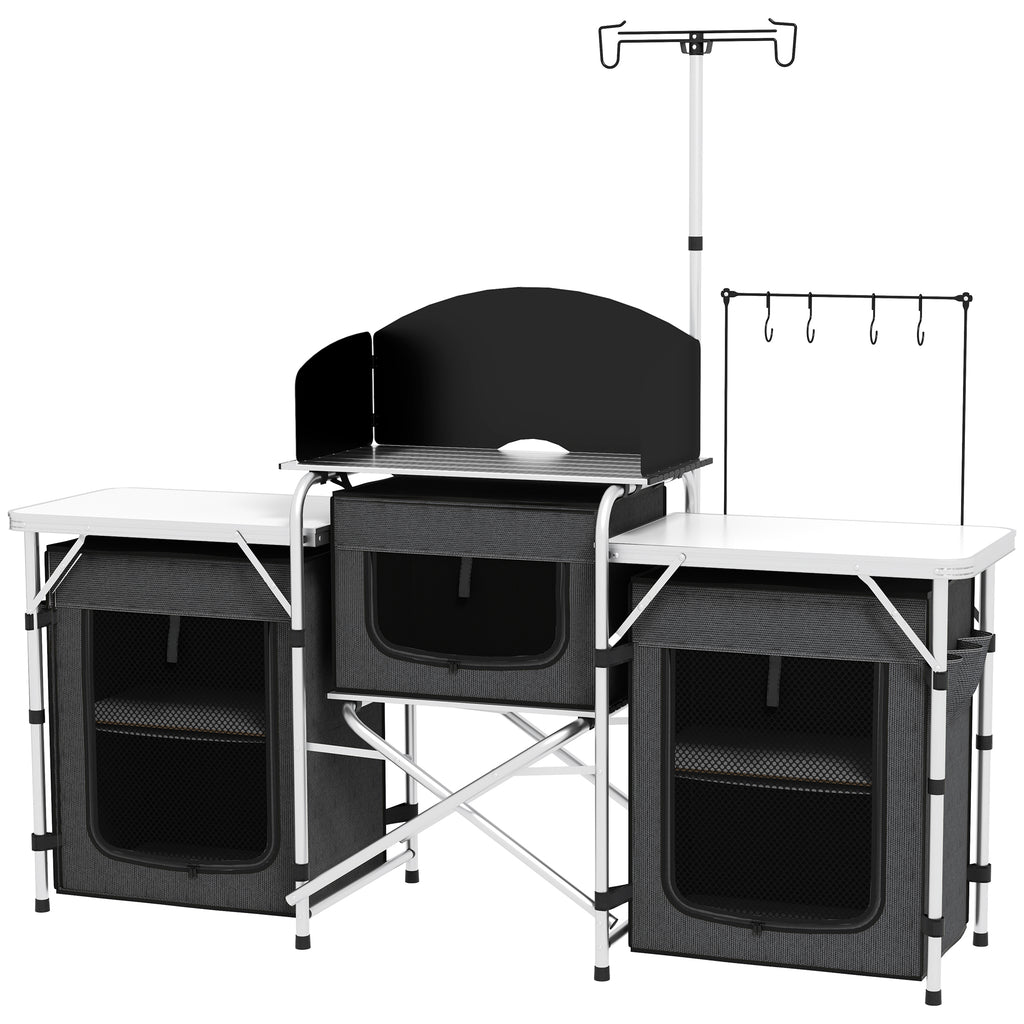 Outsunny Faltbare Campingküche mit 3 Ebenen, 5 Innenregalen und 4 Haken, 172x48x119 cm, Schwarz